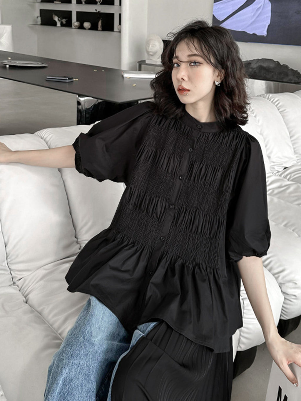 Shirred volume sleeve blouse 