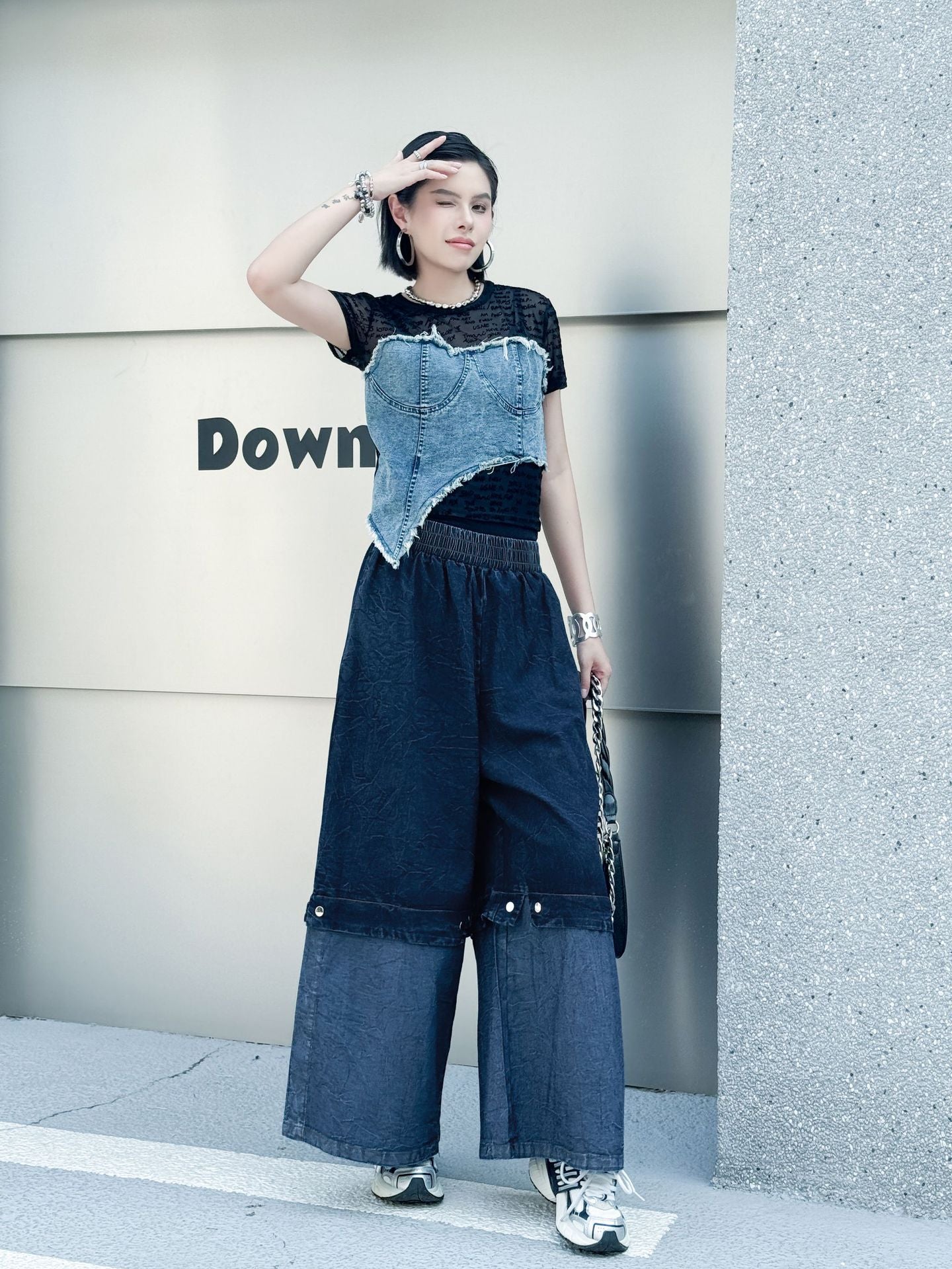 Scarf tie blouse and denim pants series 