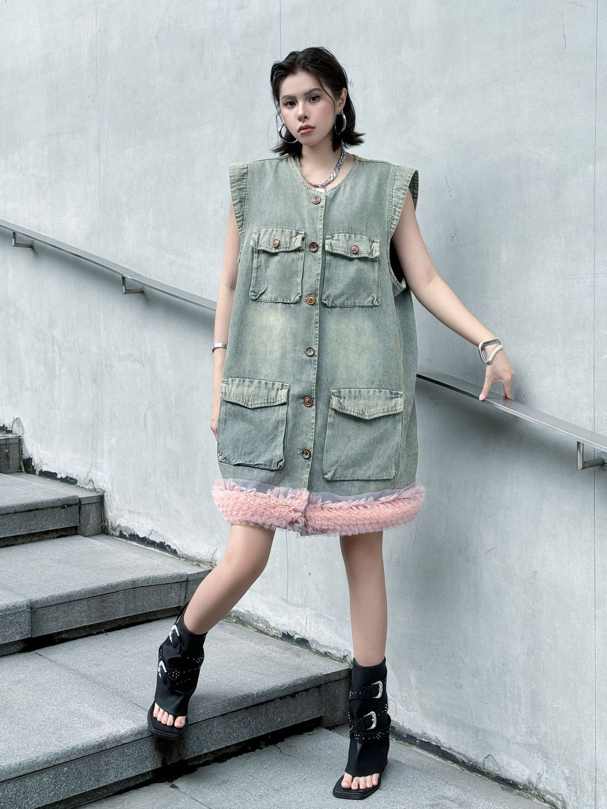 Scarf tie blouse and denim pants series 