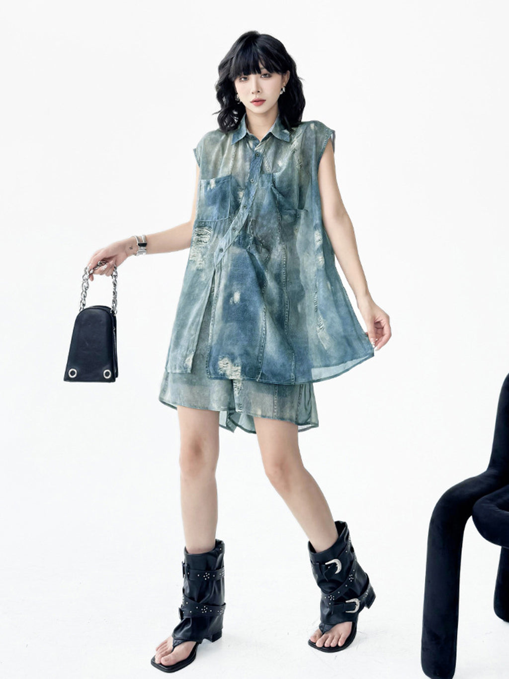 Sheer denim print blouse and shorts 