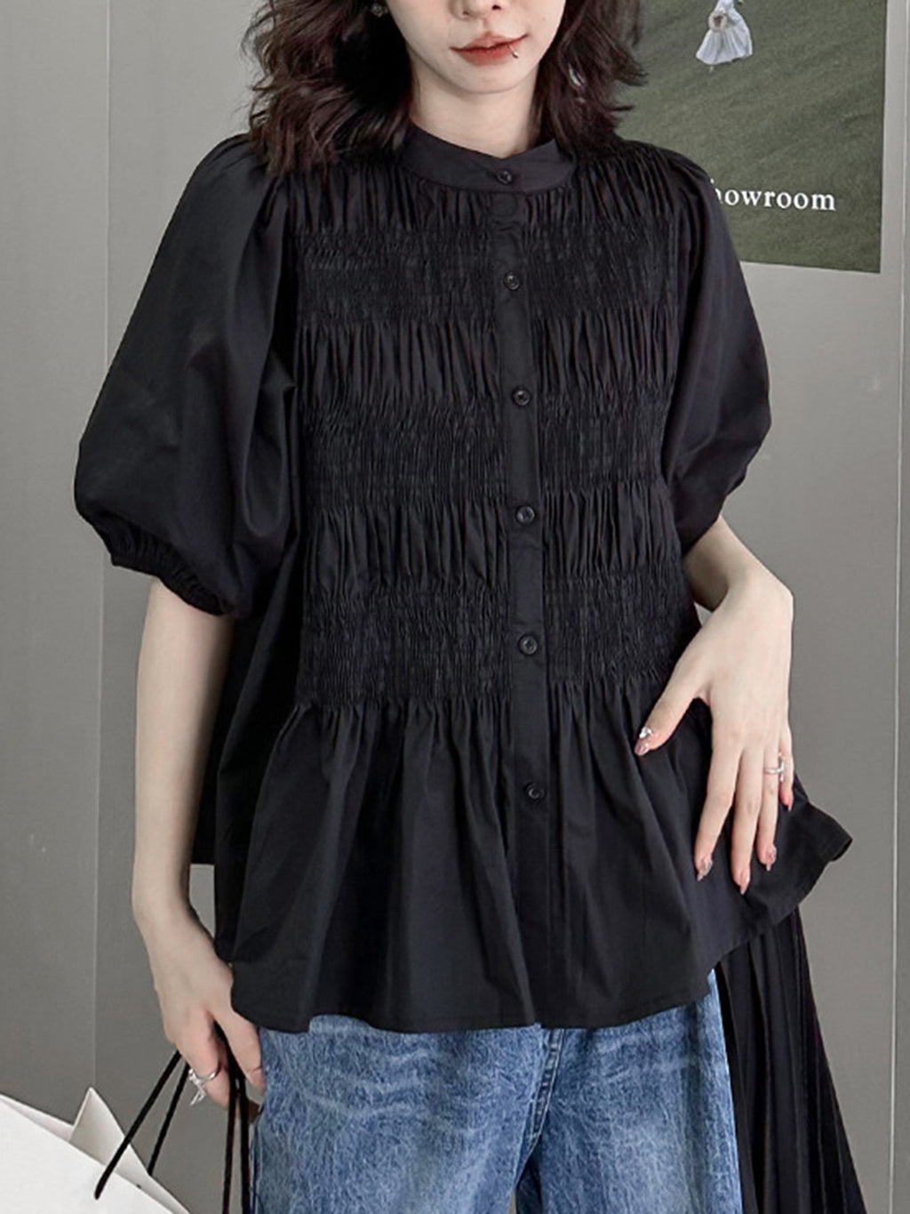 Shirred volume sleeve blouse 
