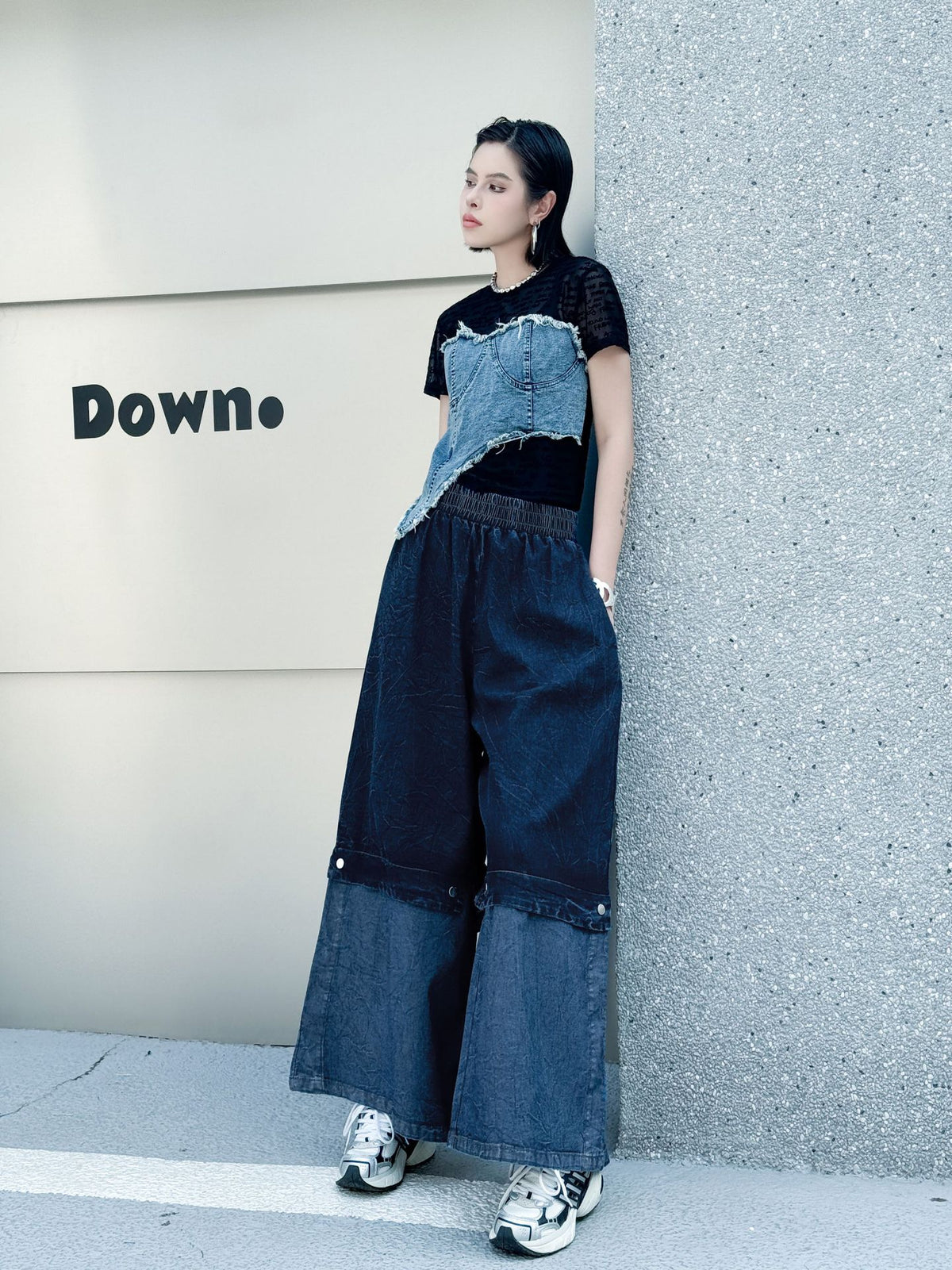 Scarf tie blouse and denim pants series 