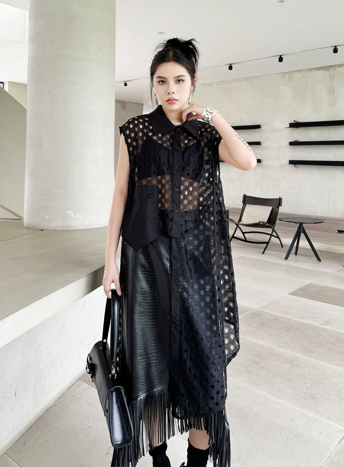 Hole Mesh Long Blouse 