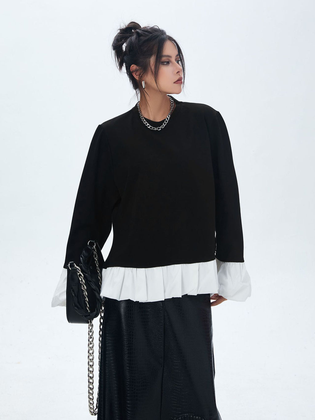 Frilled hem and cuff two-tone top 