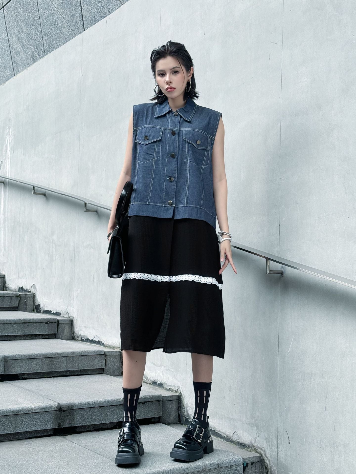 Scarf tie blouse and denim pants series 