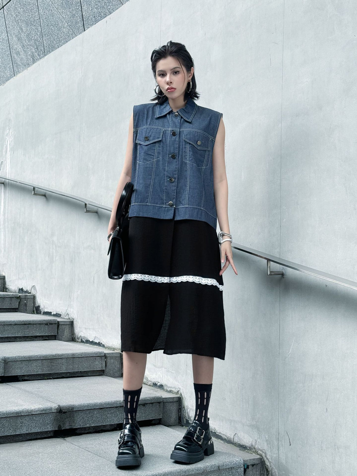 Scarf tie blouse and denim pants series 