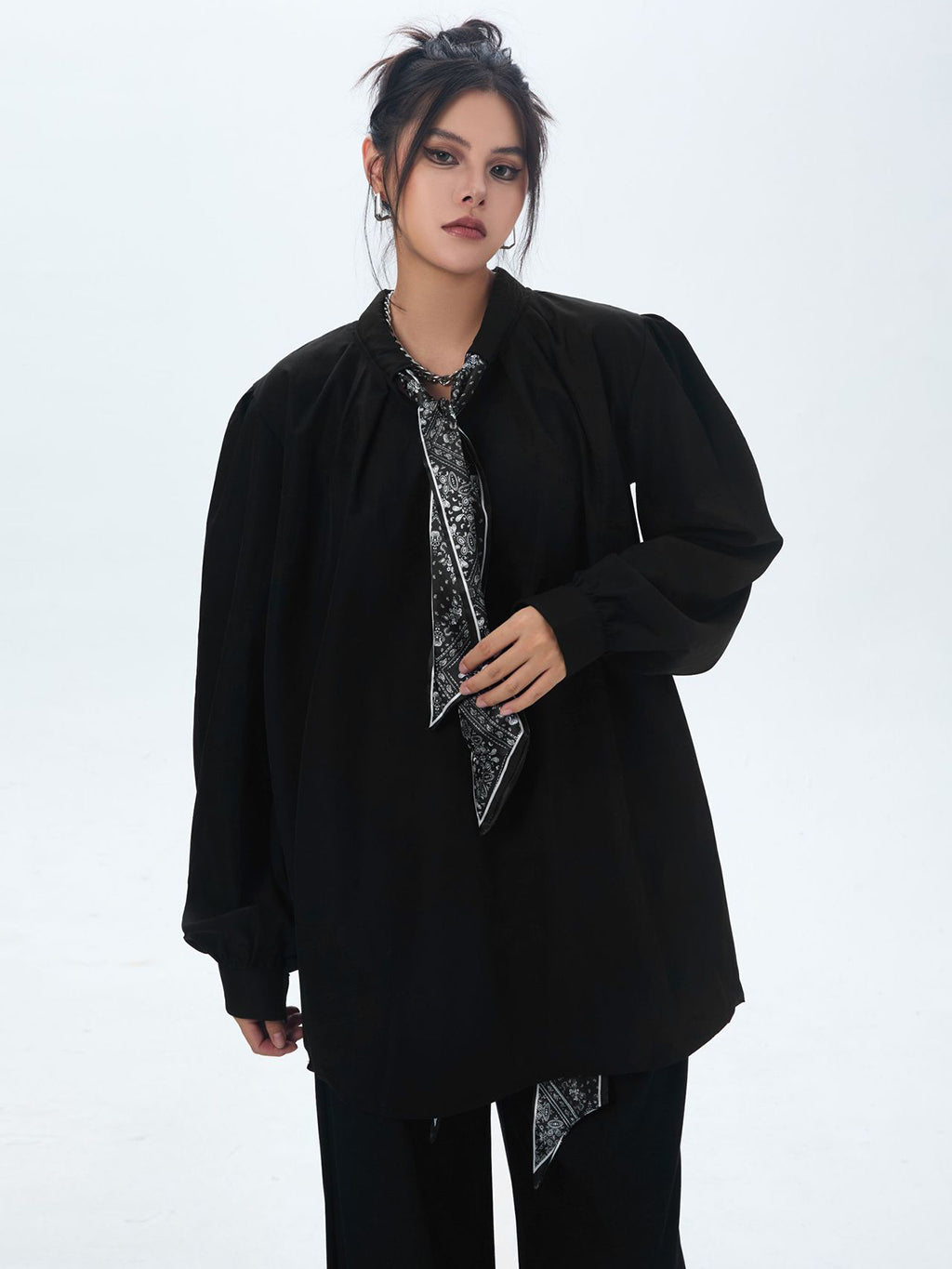 Scarf tie blouse and denim pants series 