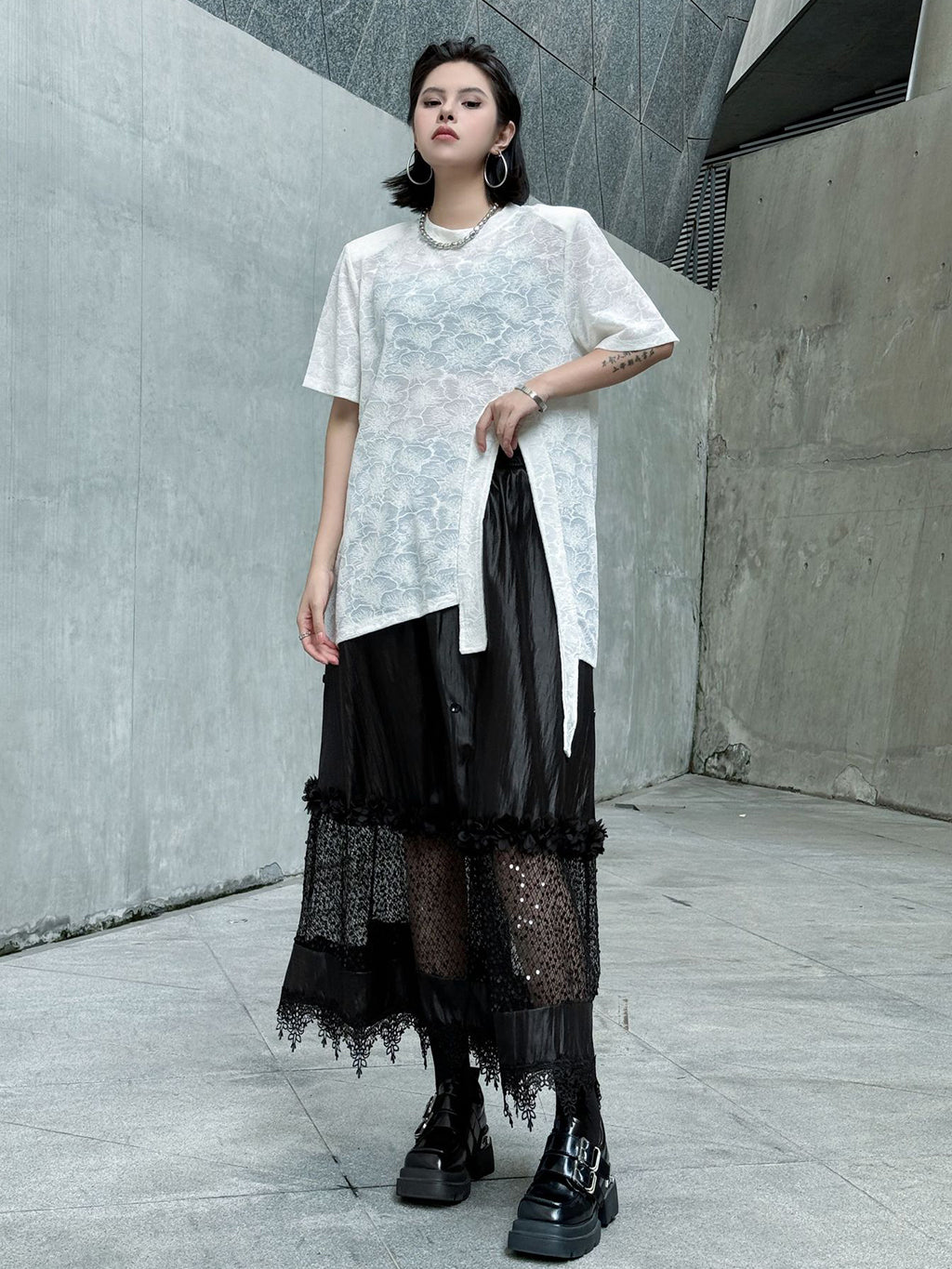 Floral lace side drape top 