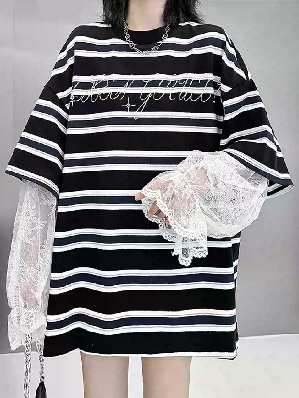 Striped lace sleeve top 