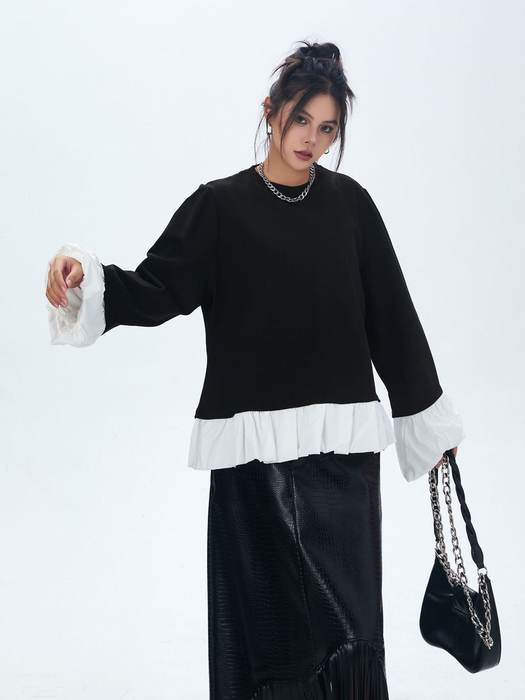 Frilled hem and cuff two-tone top 