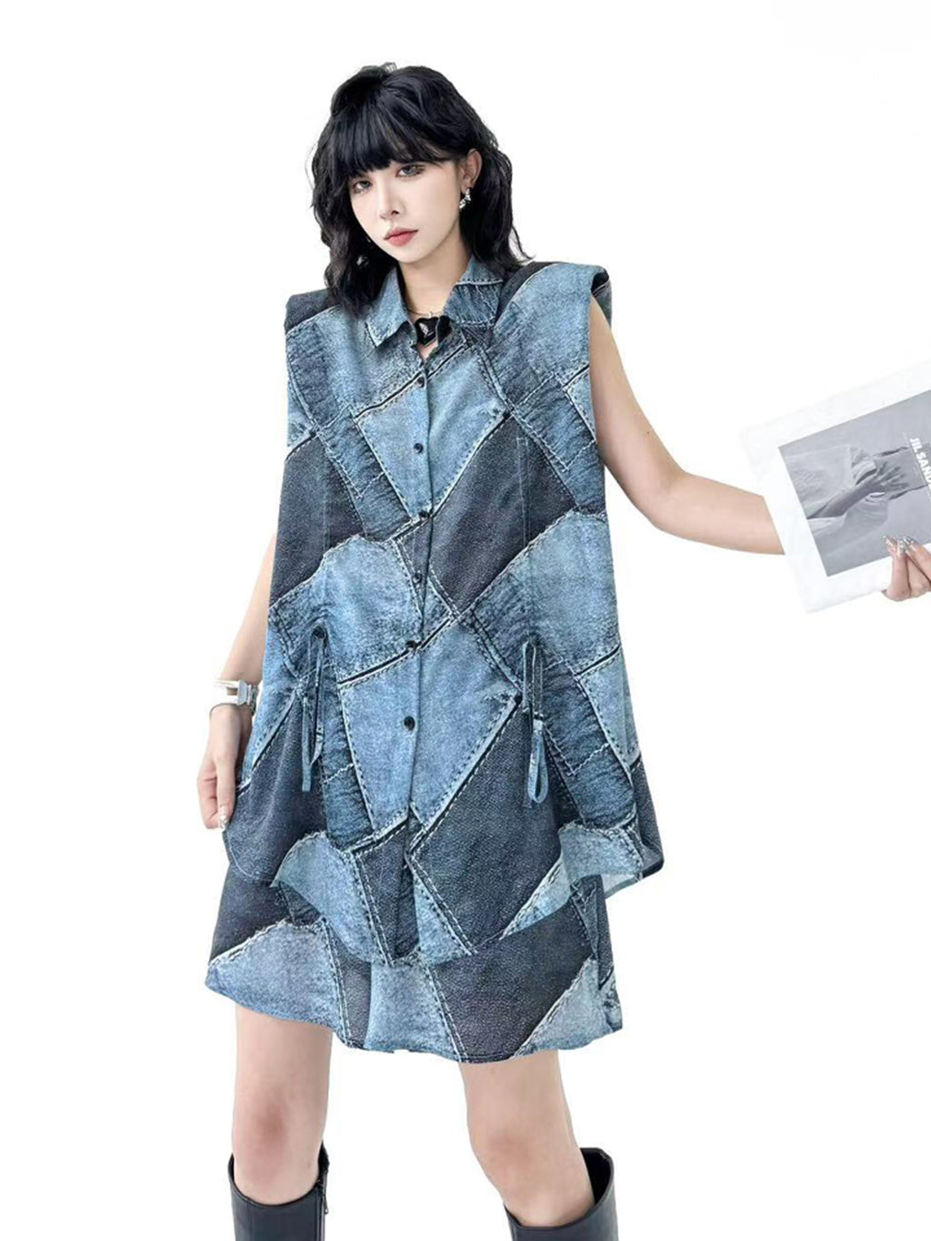 Patchwork sleeveless blouse and shorts 