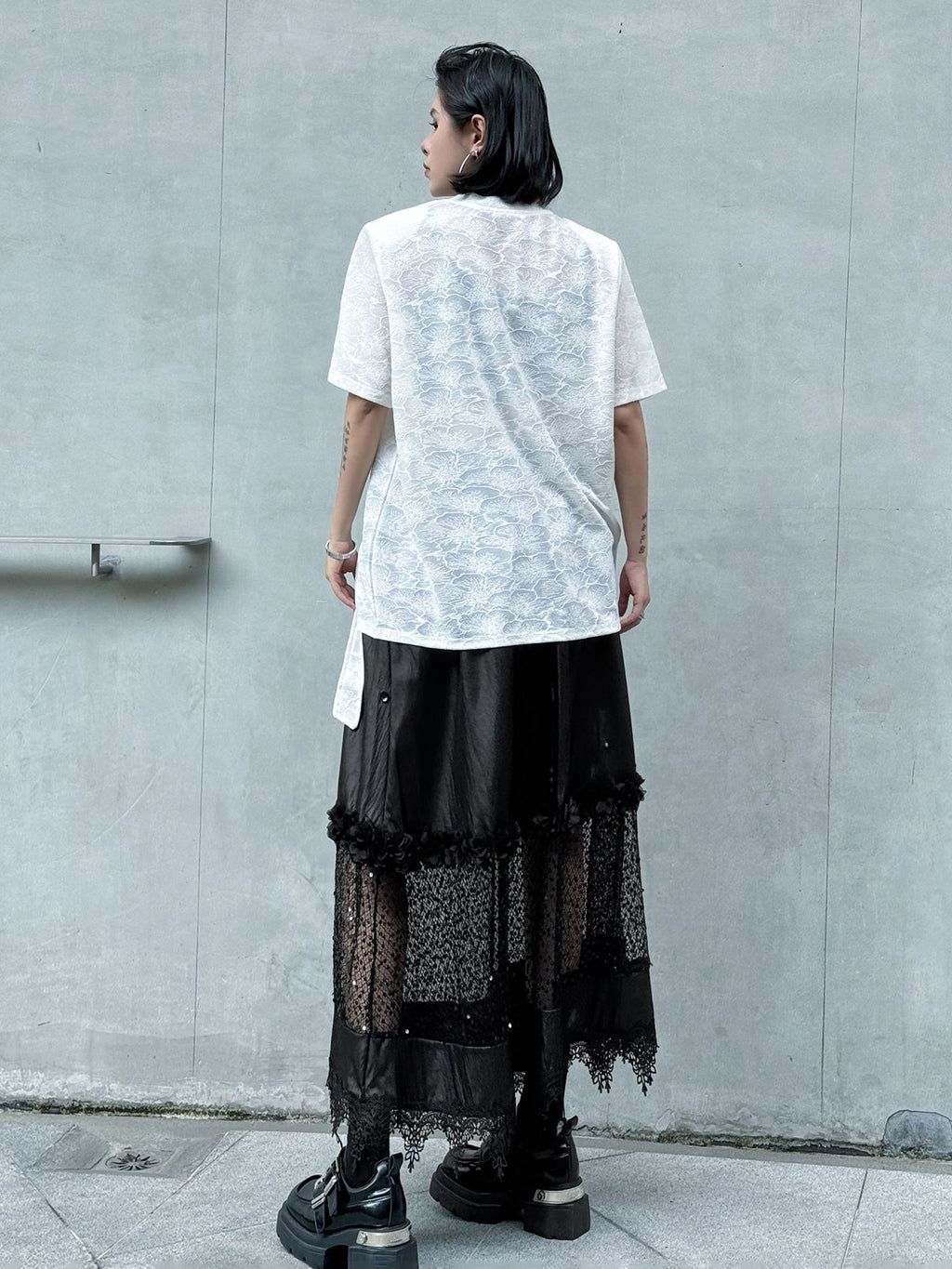 Floral lace side drape top 