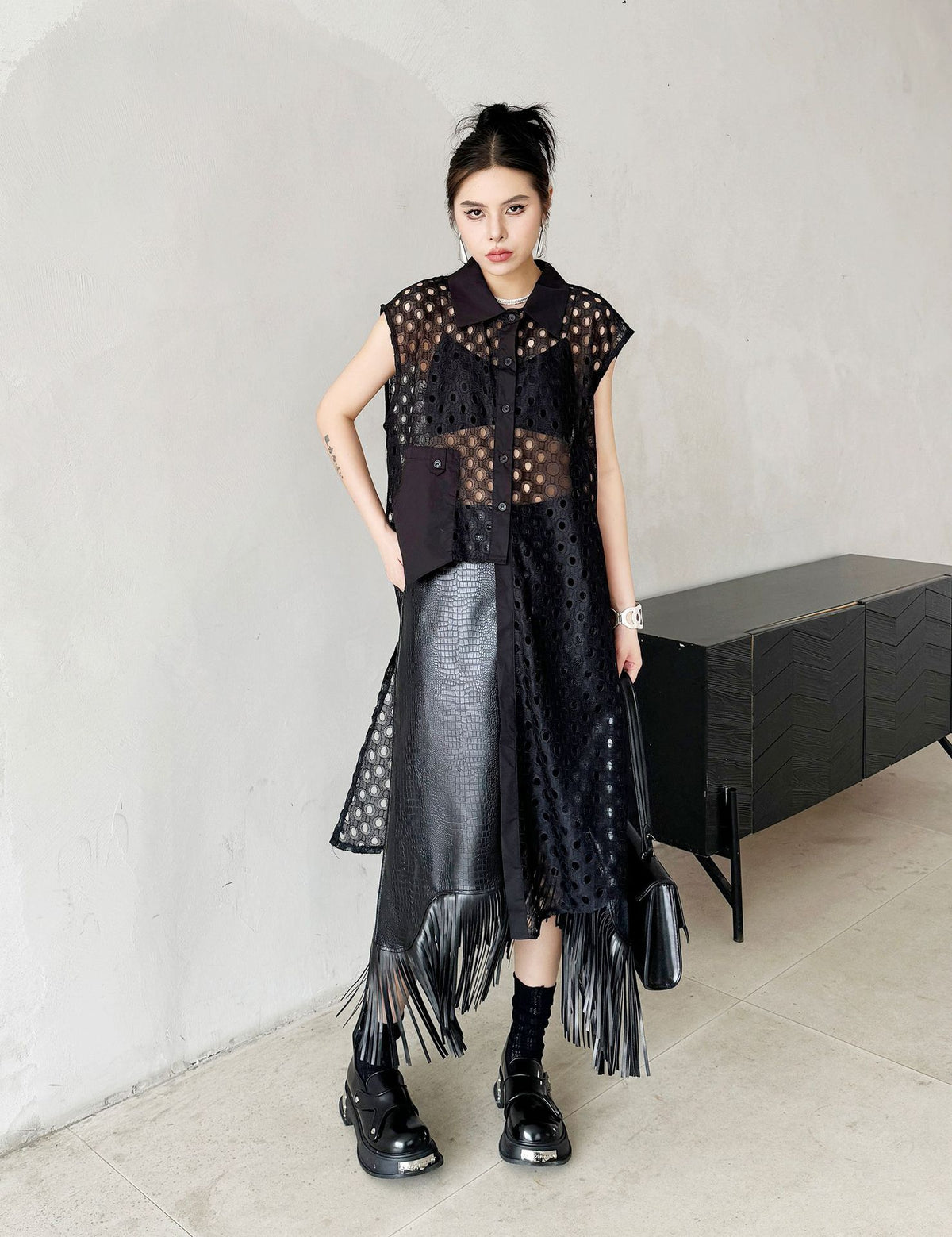 Hole Mesh Long Blouse 