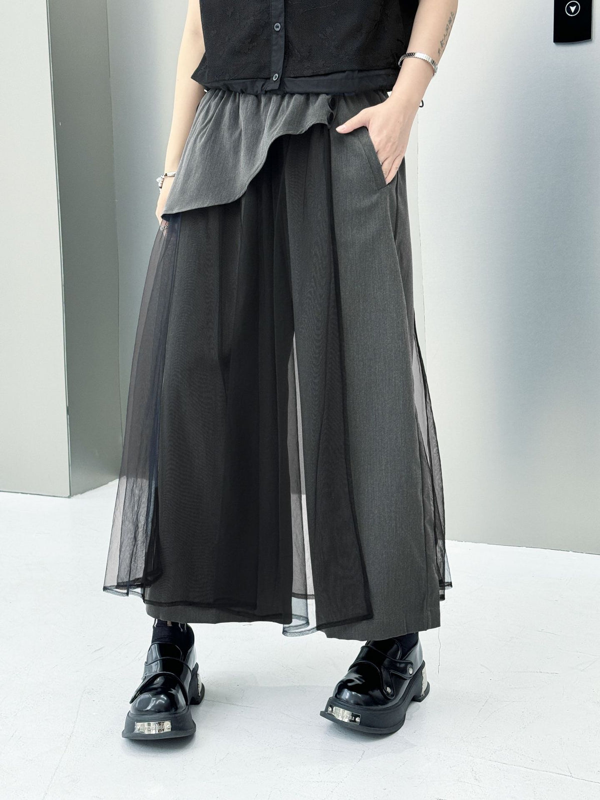 Tulle layered wide pants 