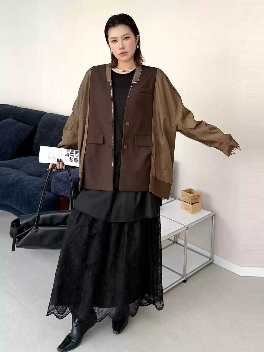 ノーカラーレイヤードジャケット