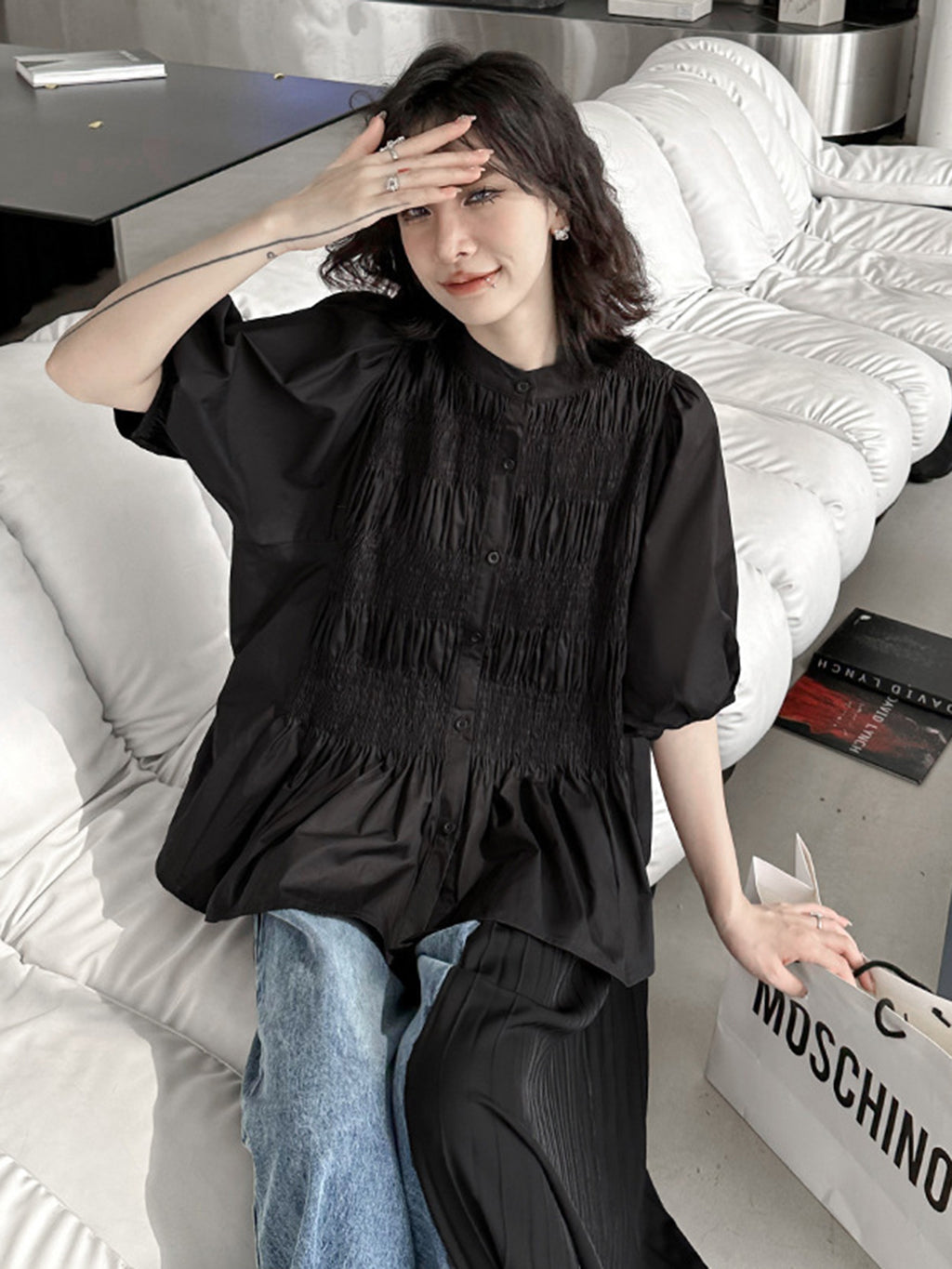 Shirred volume sleeve blouse 