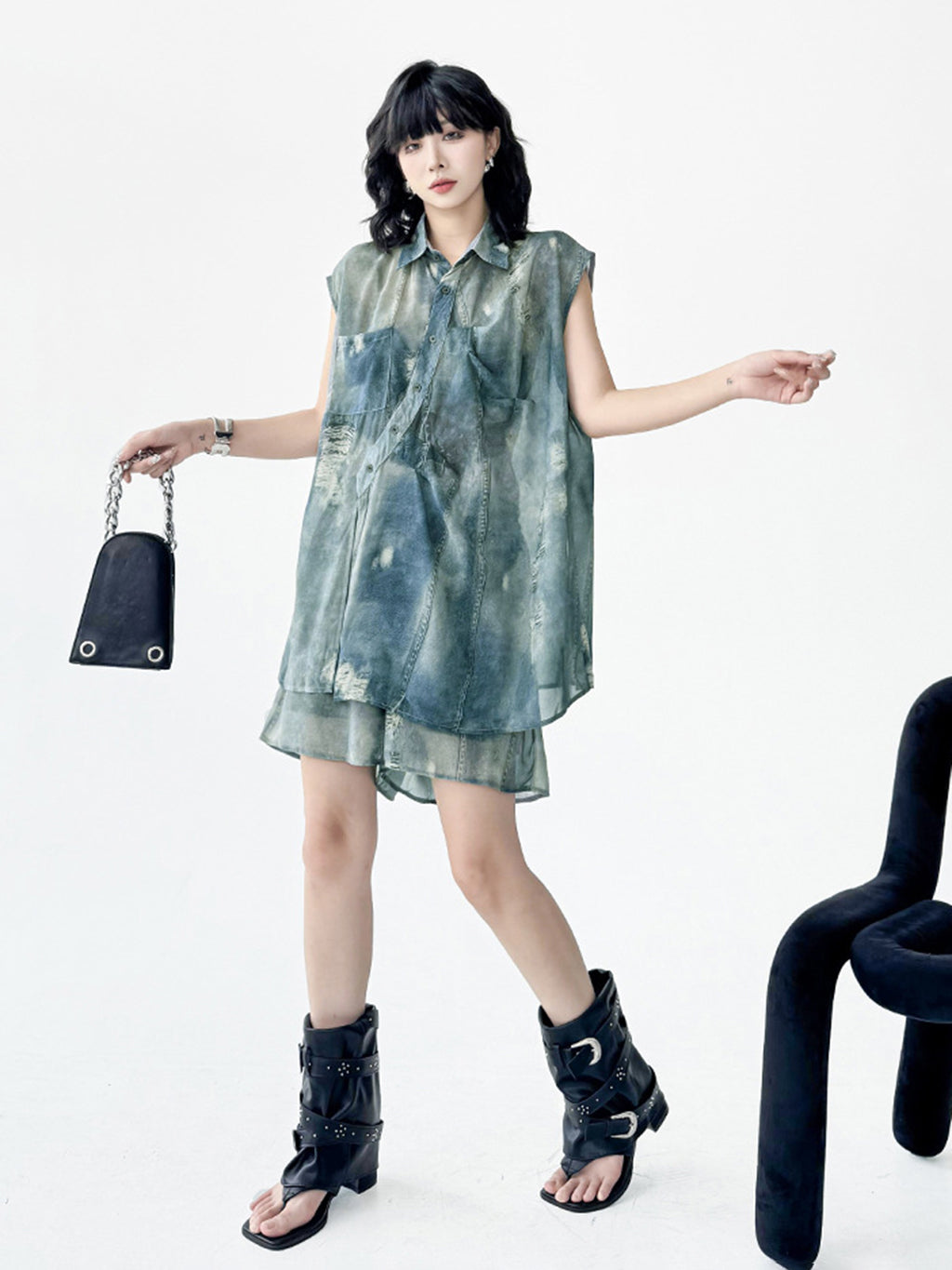 Sheer denim print blouse and shorts 
