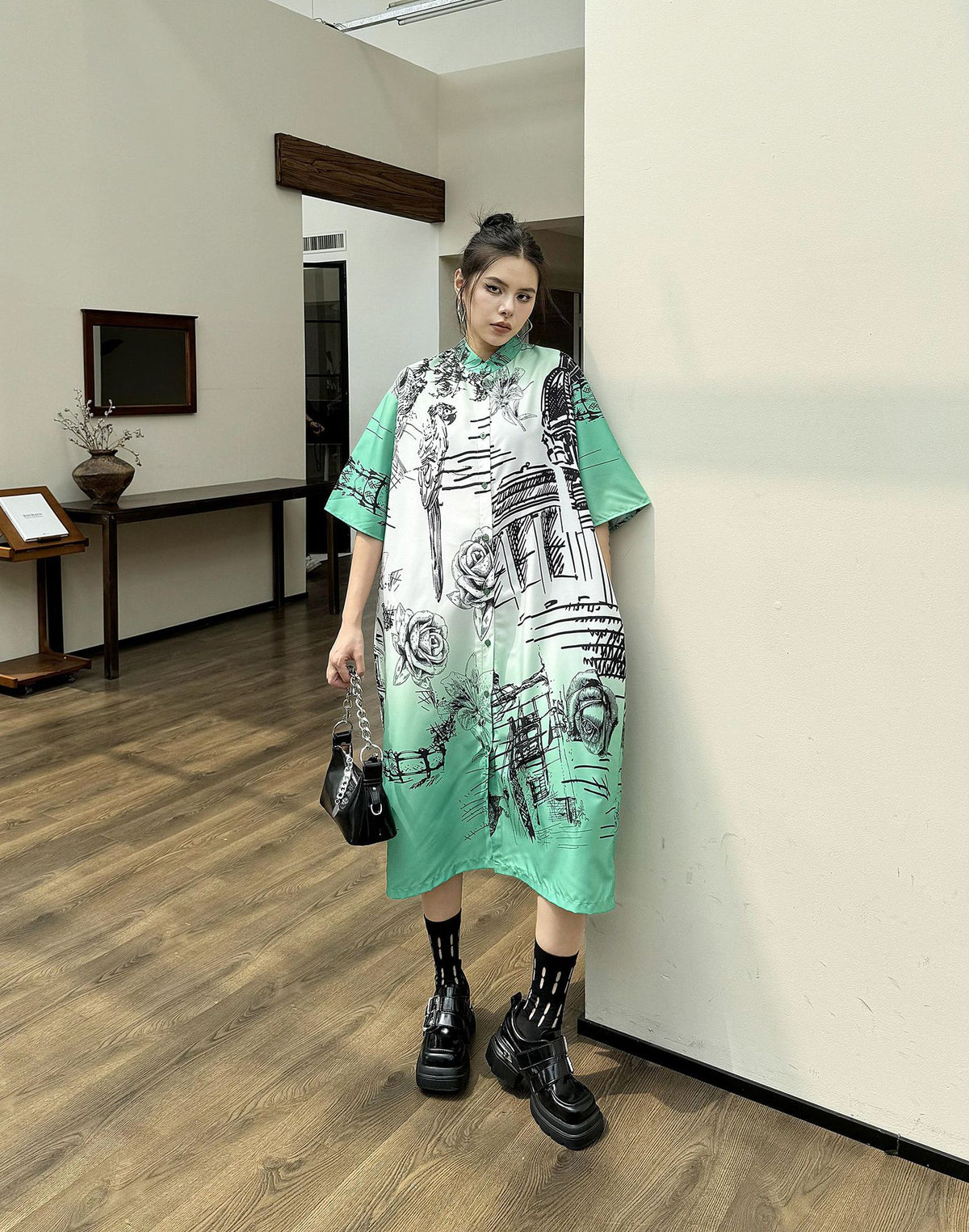 Scarf tie blouse and denim pants series 