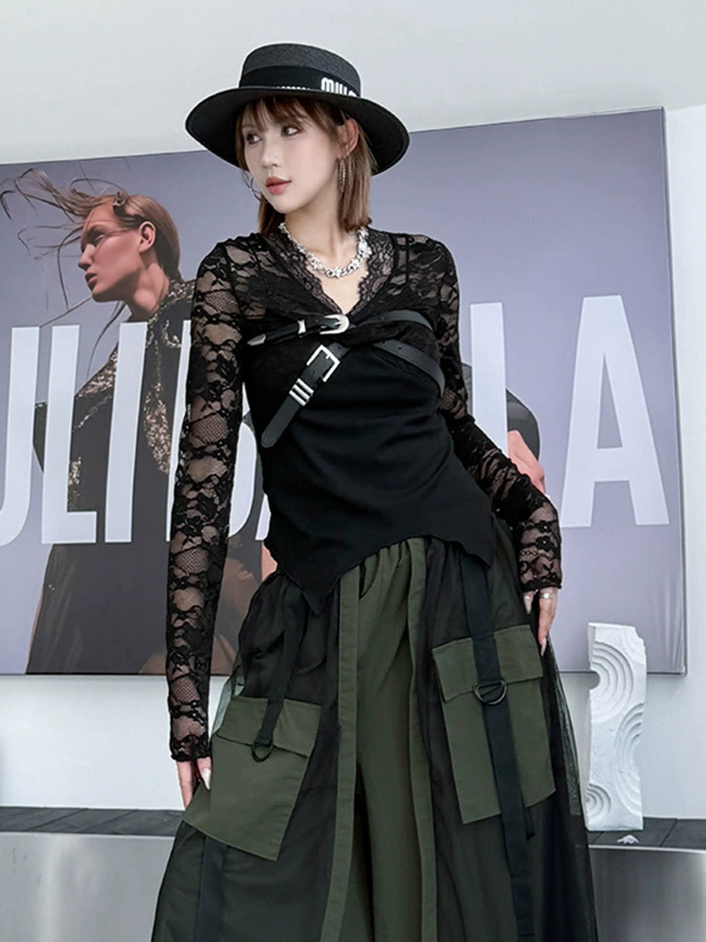 Belt Drape Lace Top 
