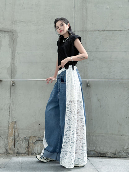 Lace-docking denim pants 