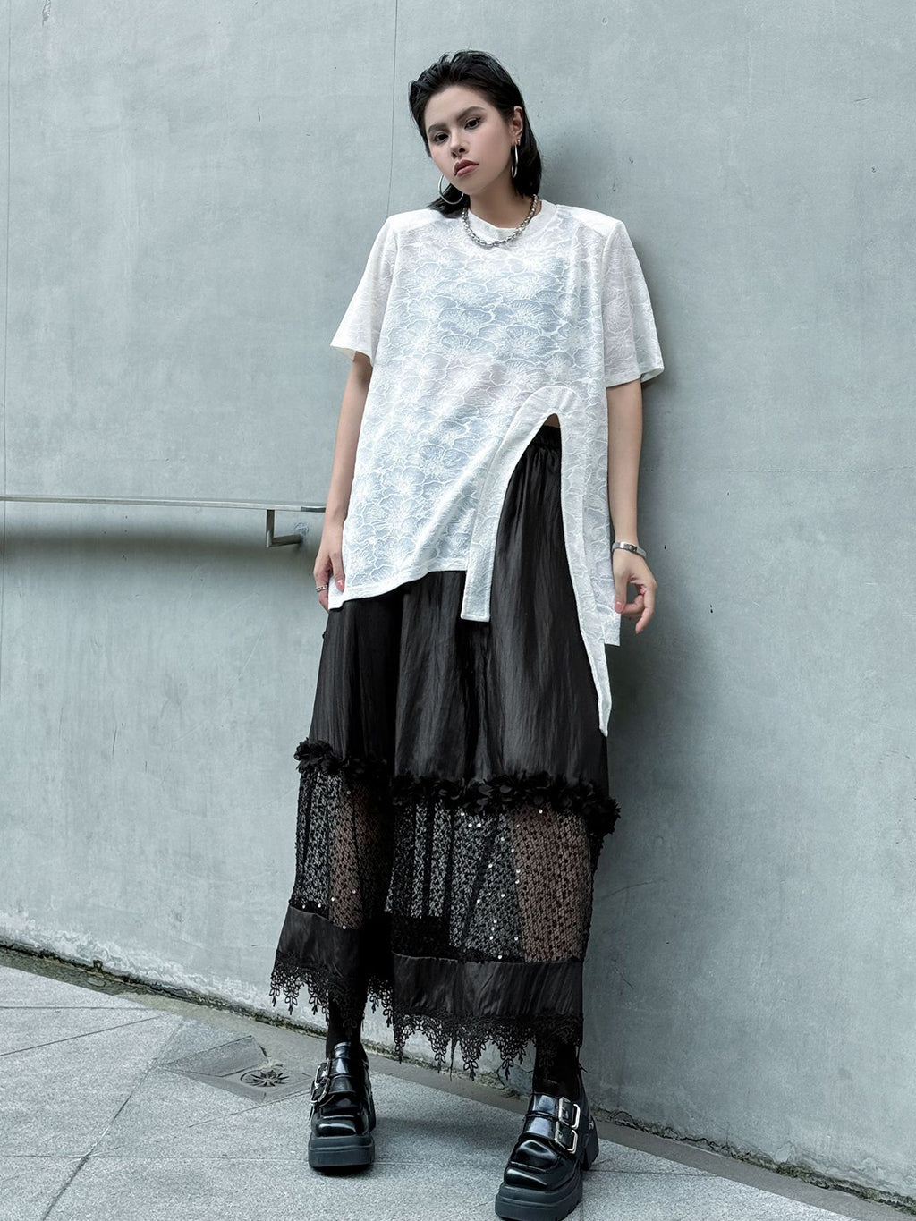 Floral lace side drape top 