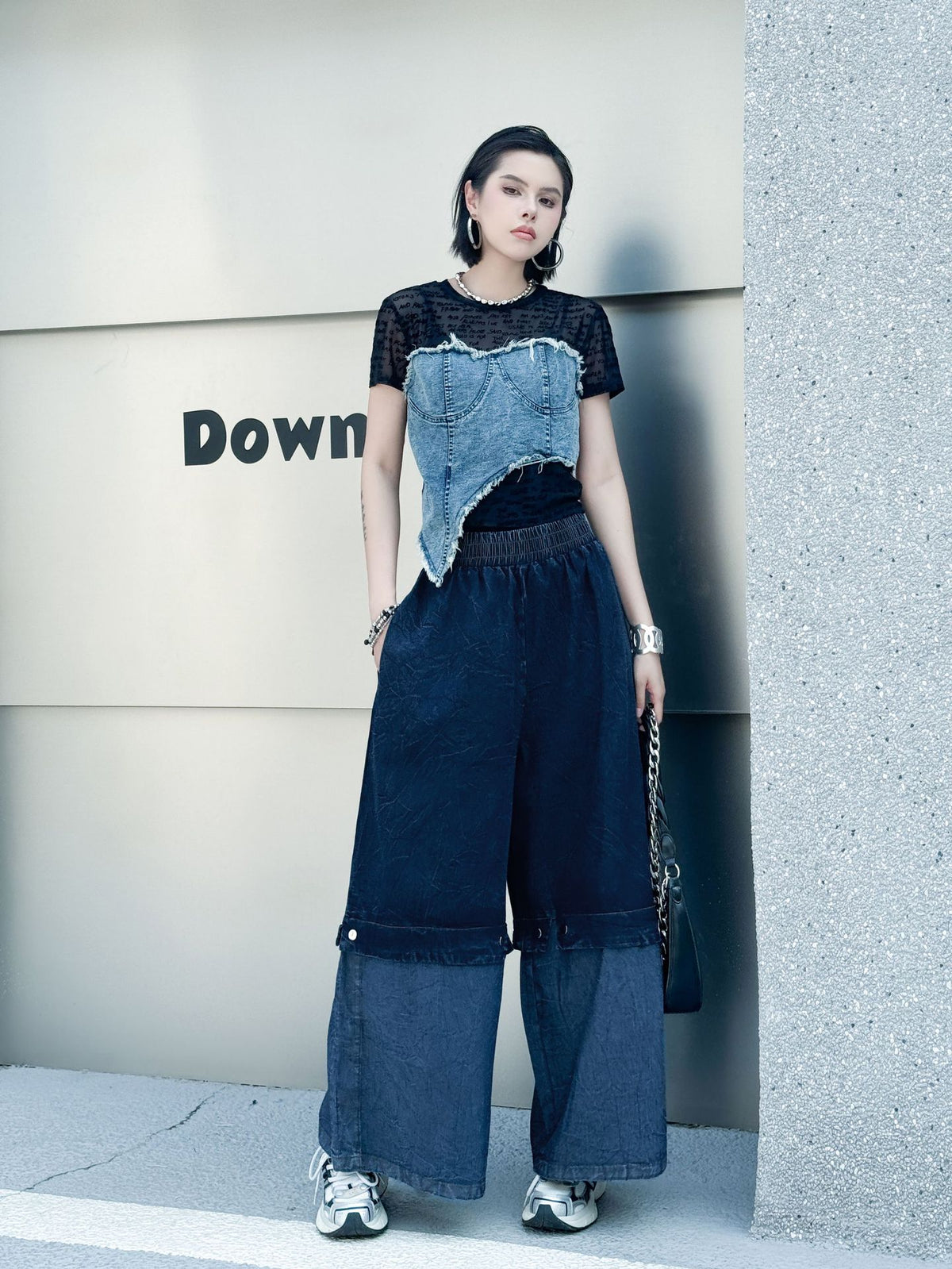 Scarf tie blouse and denim pants series 