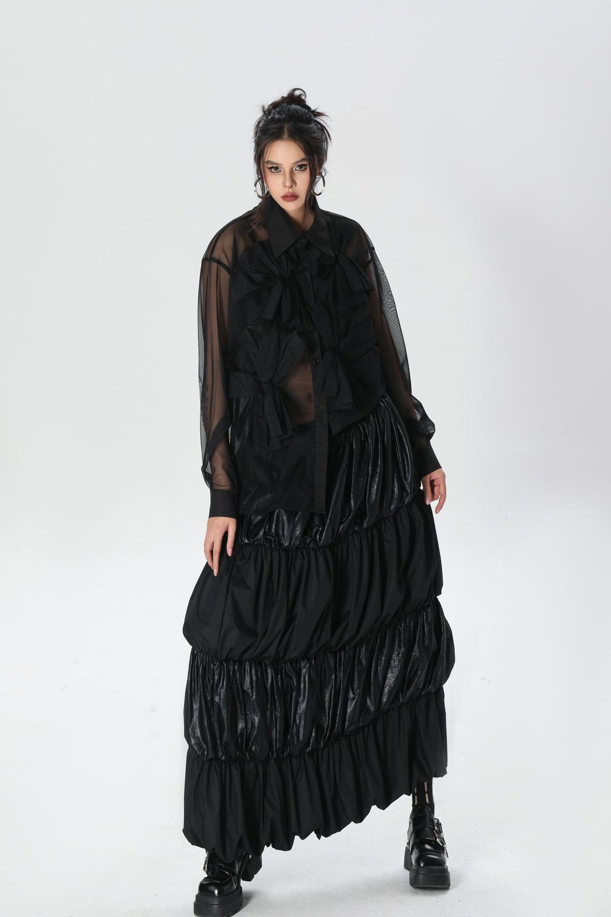 Scarf tie blouse and denim pants series 