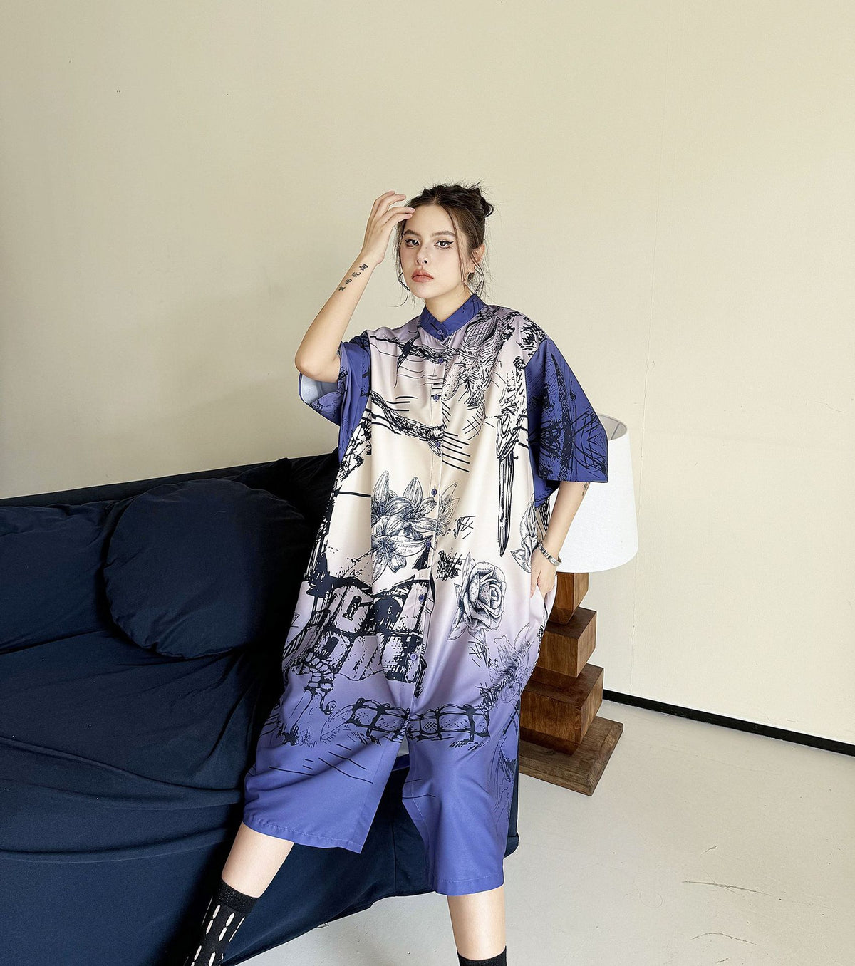 Scarf tie blouse and denim pants series 