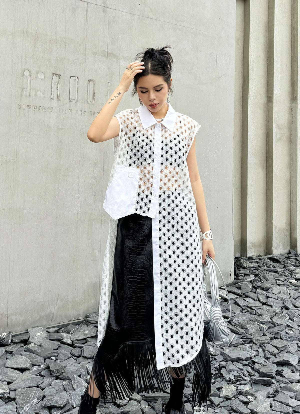 Hole Mesh Long Blouse 