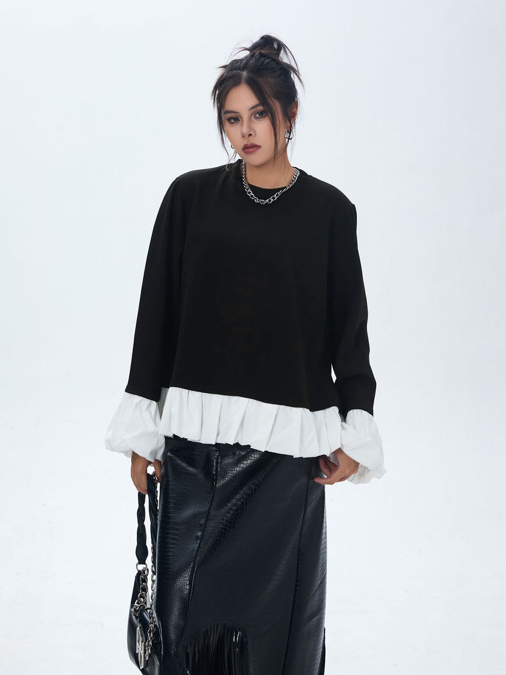 Frilled hem and cuff two-tone top 