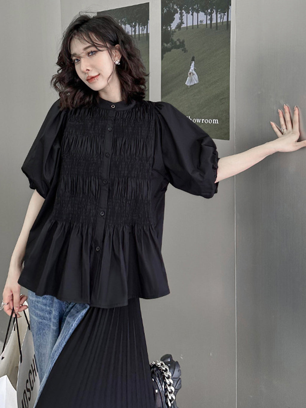 Shirred volume sleeve blouse 