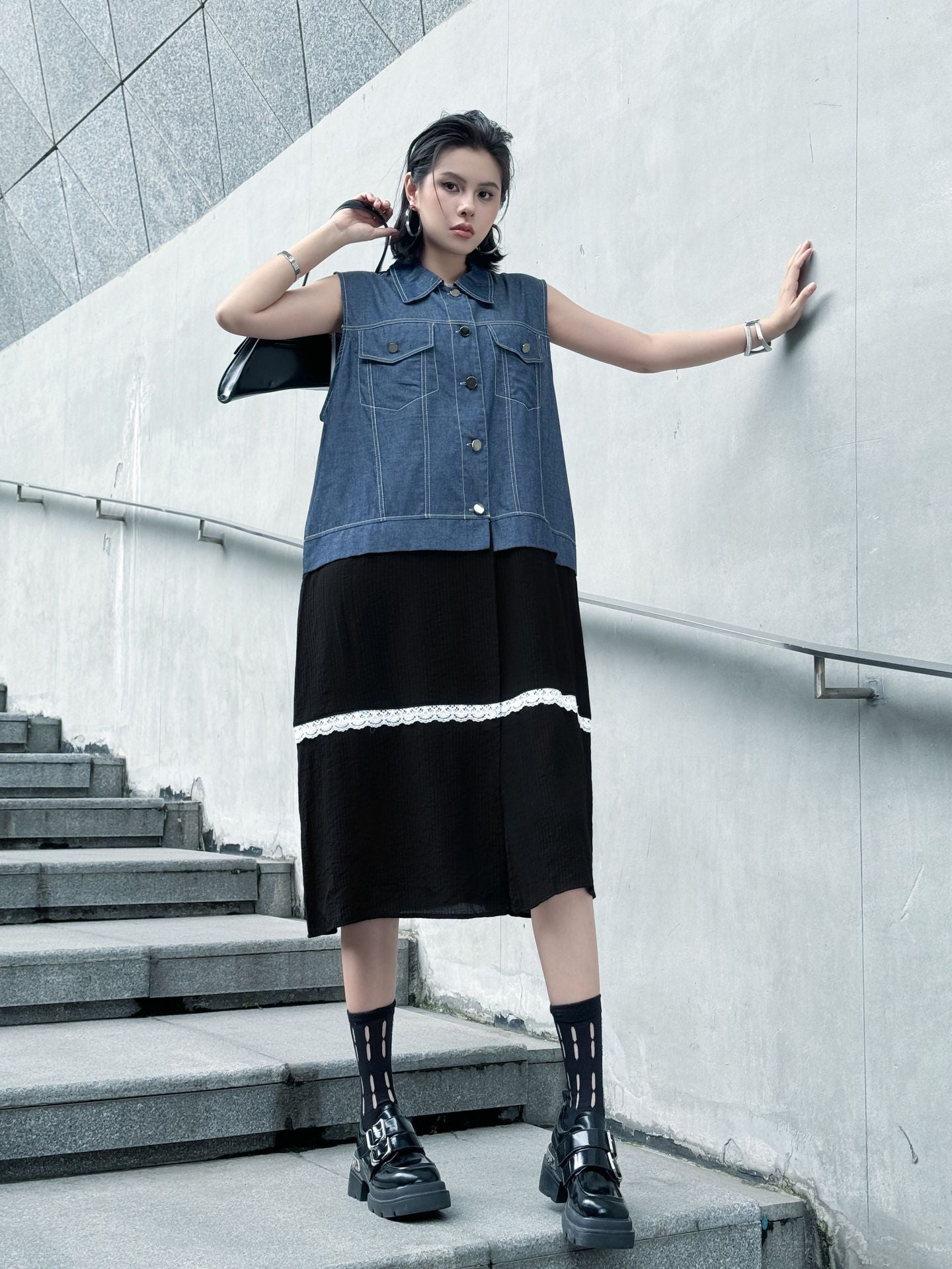Scarf tie blouse and denim pants series 