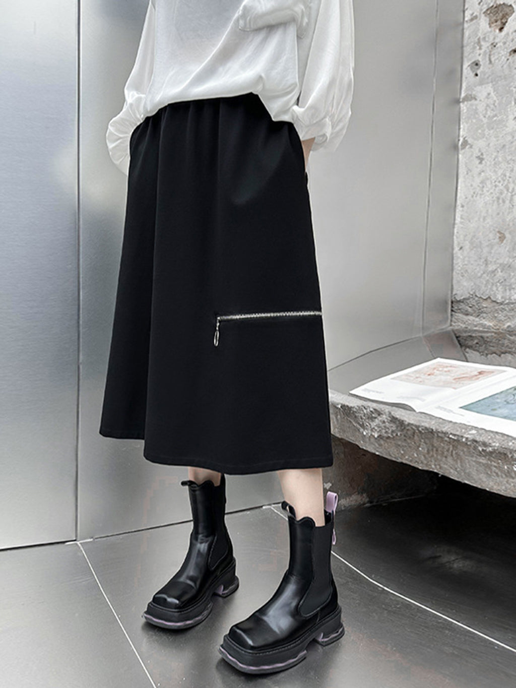 Zip accent midi skirt