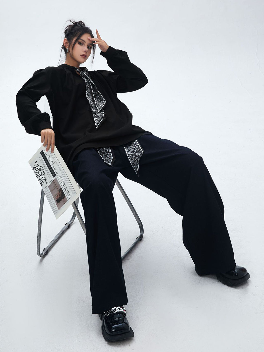 Scarf tie blouse and denim pants series 