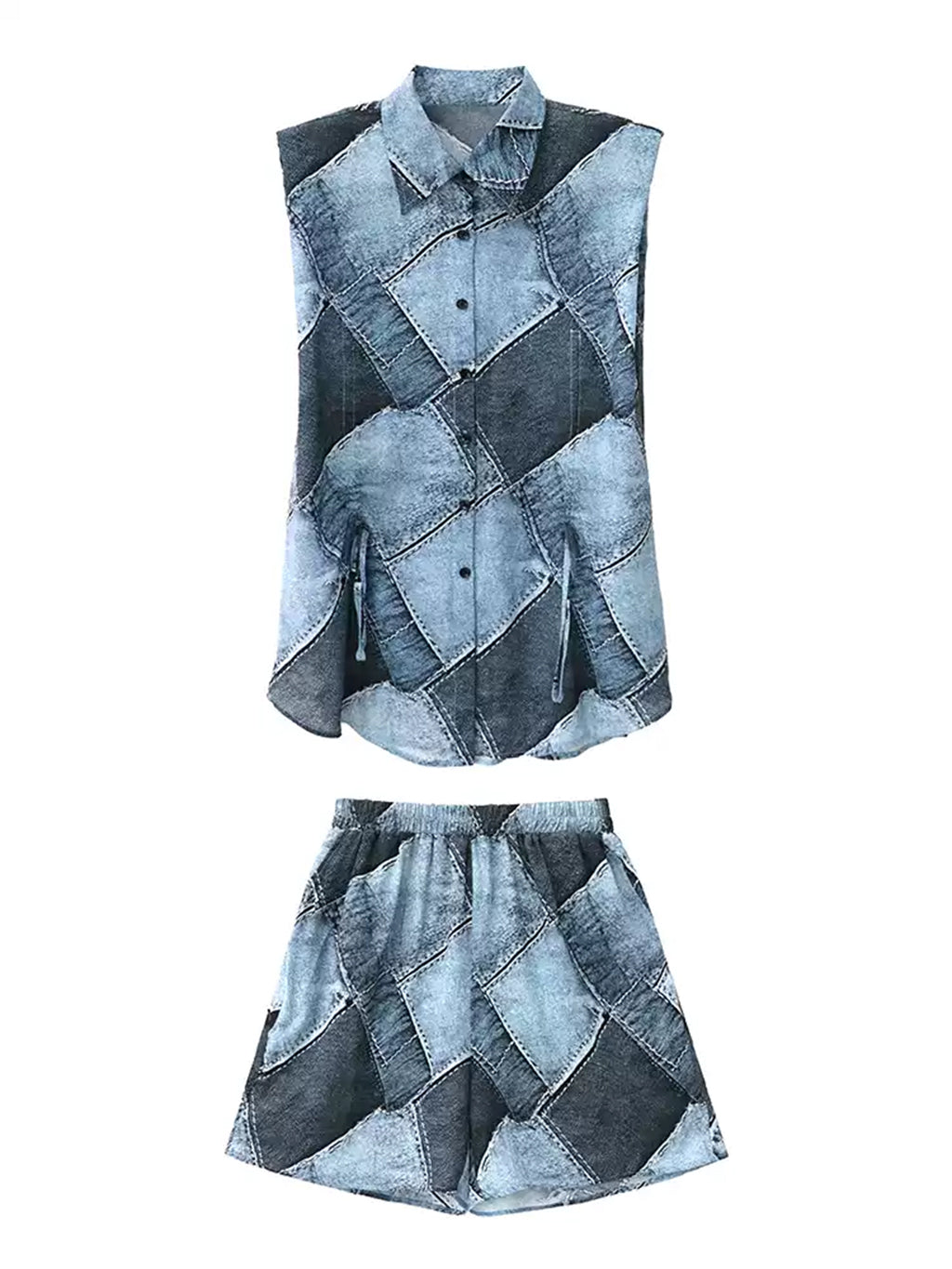 Patchwork sleeveless blouse and shorts 