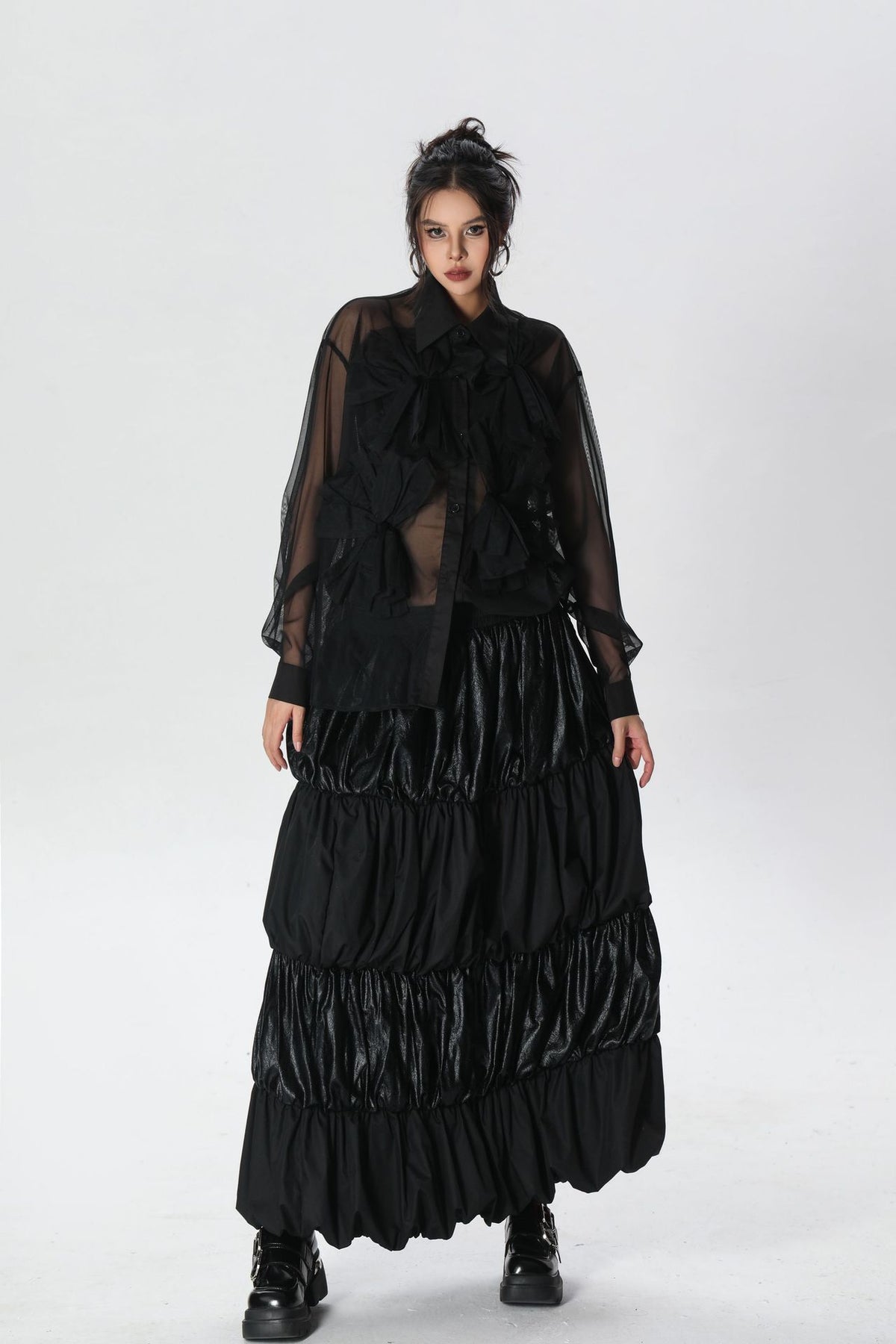 Scarf tie blouse and denim pants series 