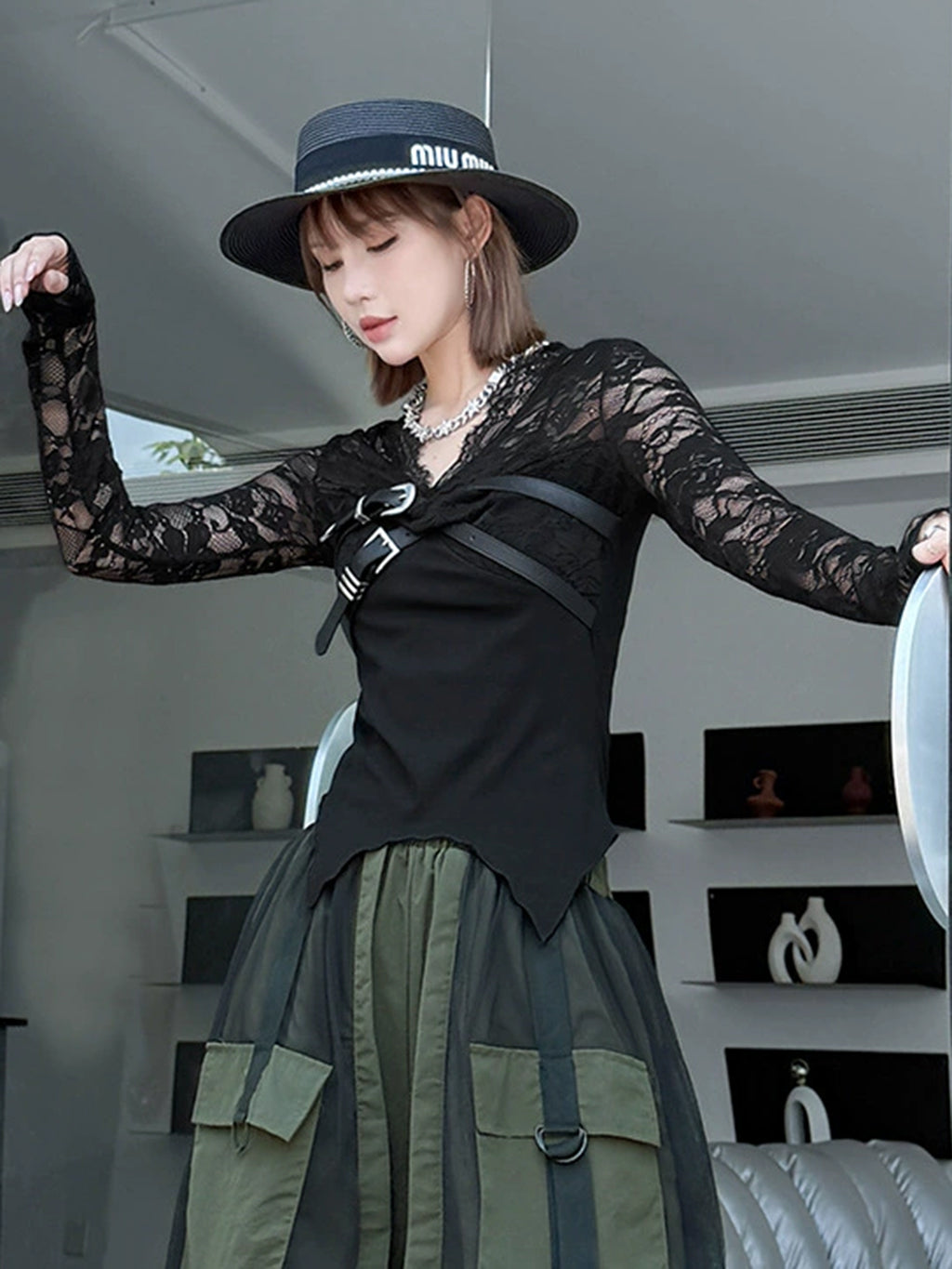 Belt Drape Lace Top 