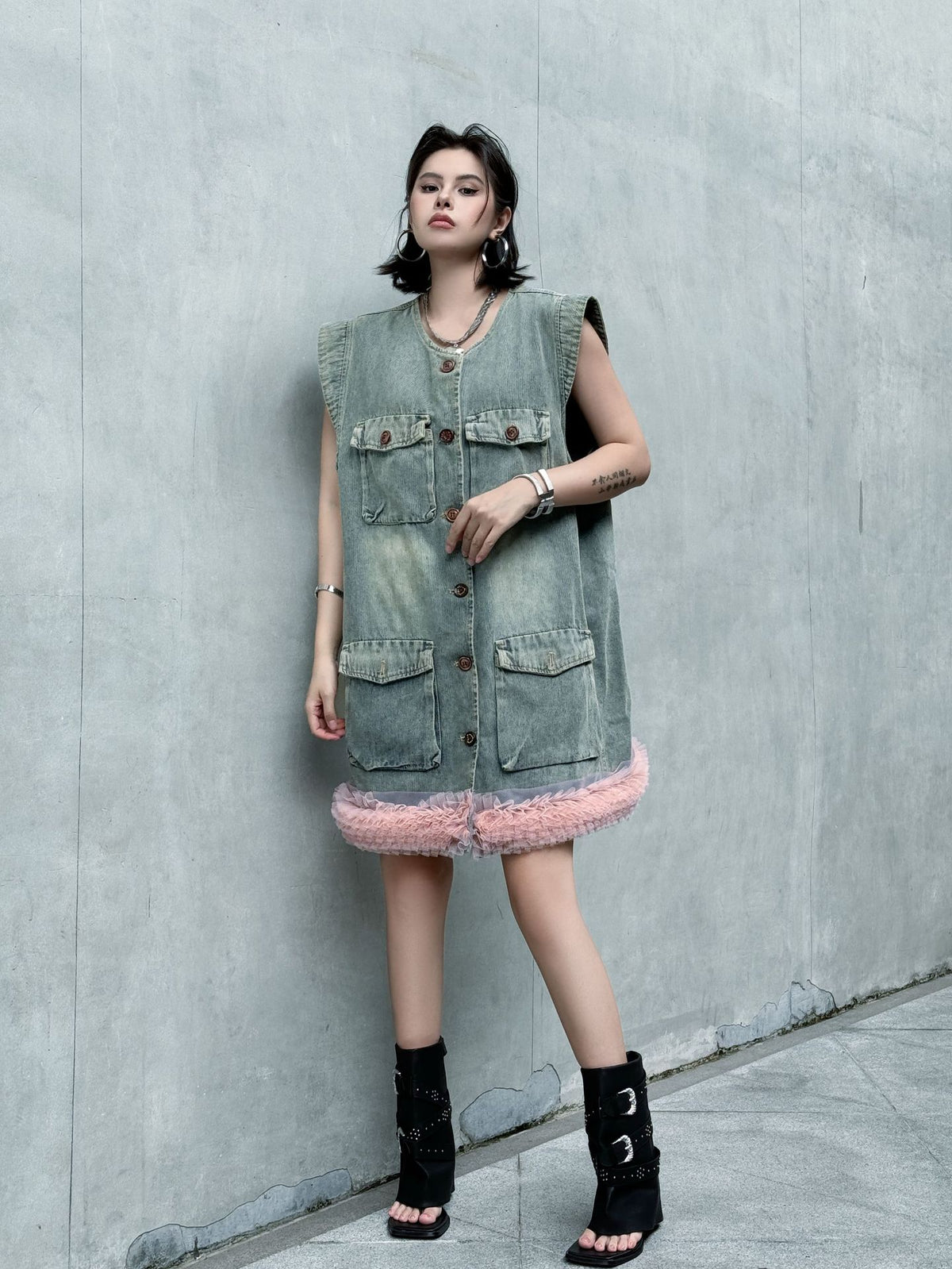 Scarf tie blouse and denim pants series 