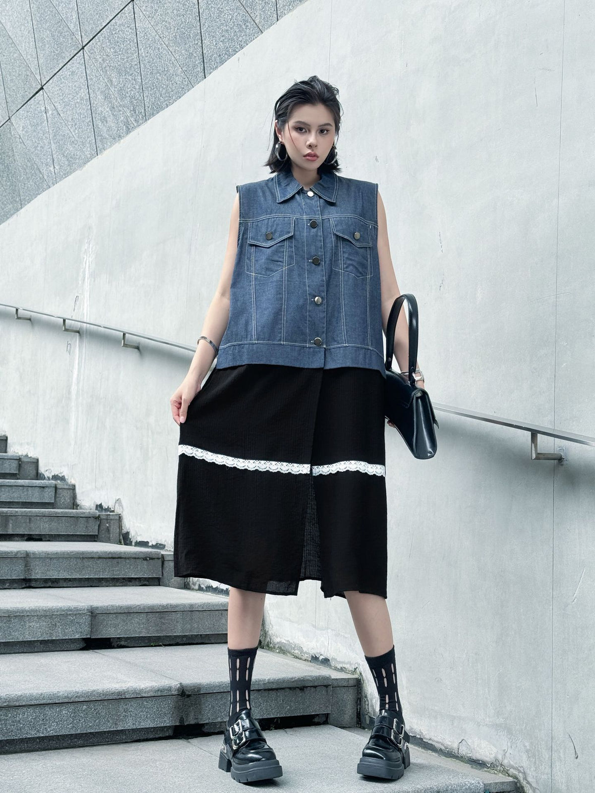 Scarf tie blouse and denim pants series 