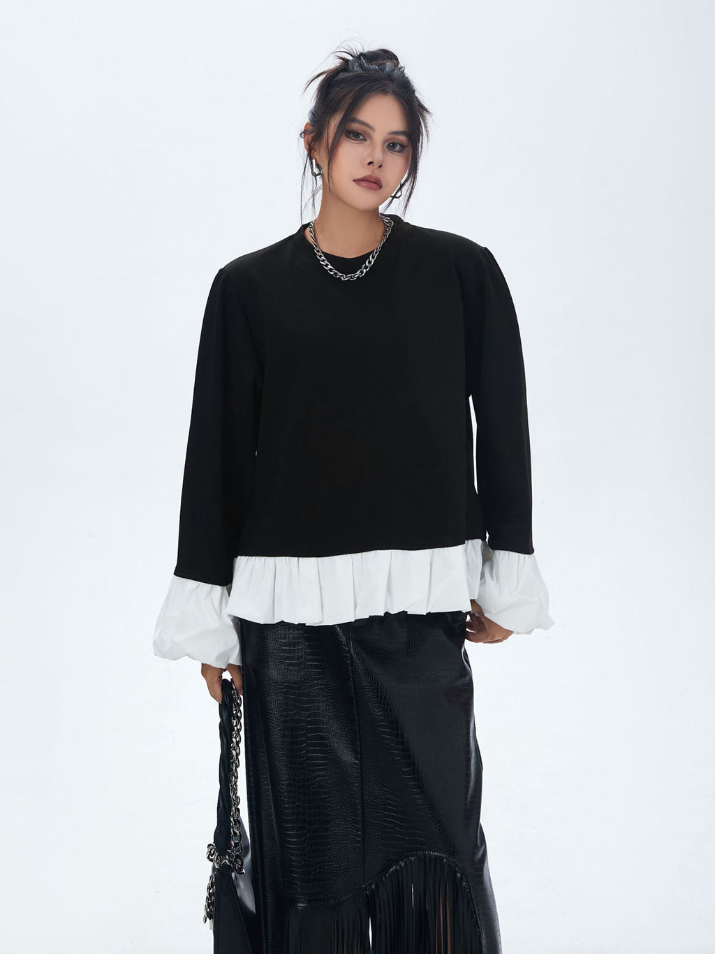 Frilled hem and cuff two-tone top 