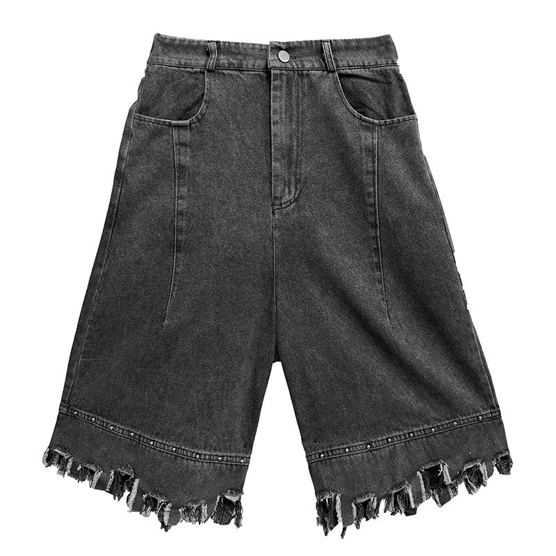 Fringed denim baggy shorts 