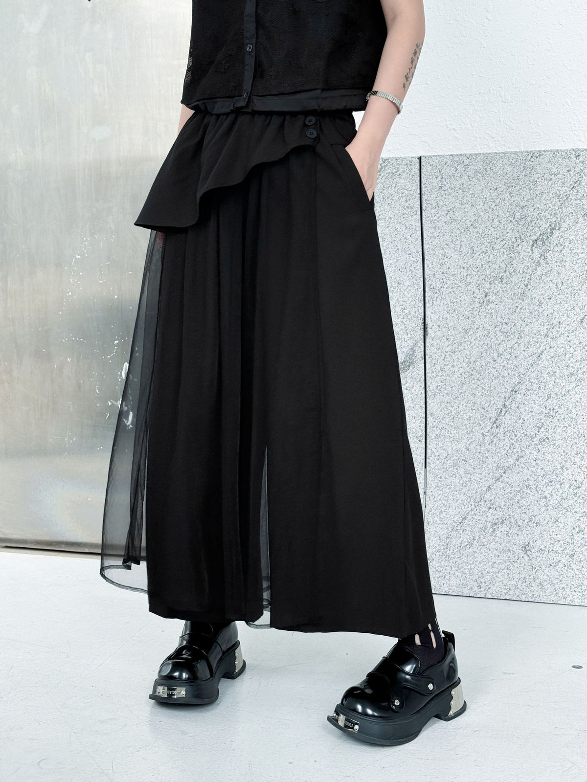 Tulle layered wide pants 