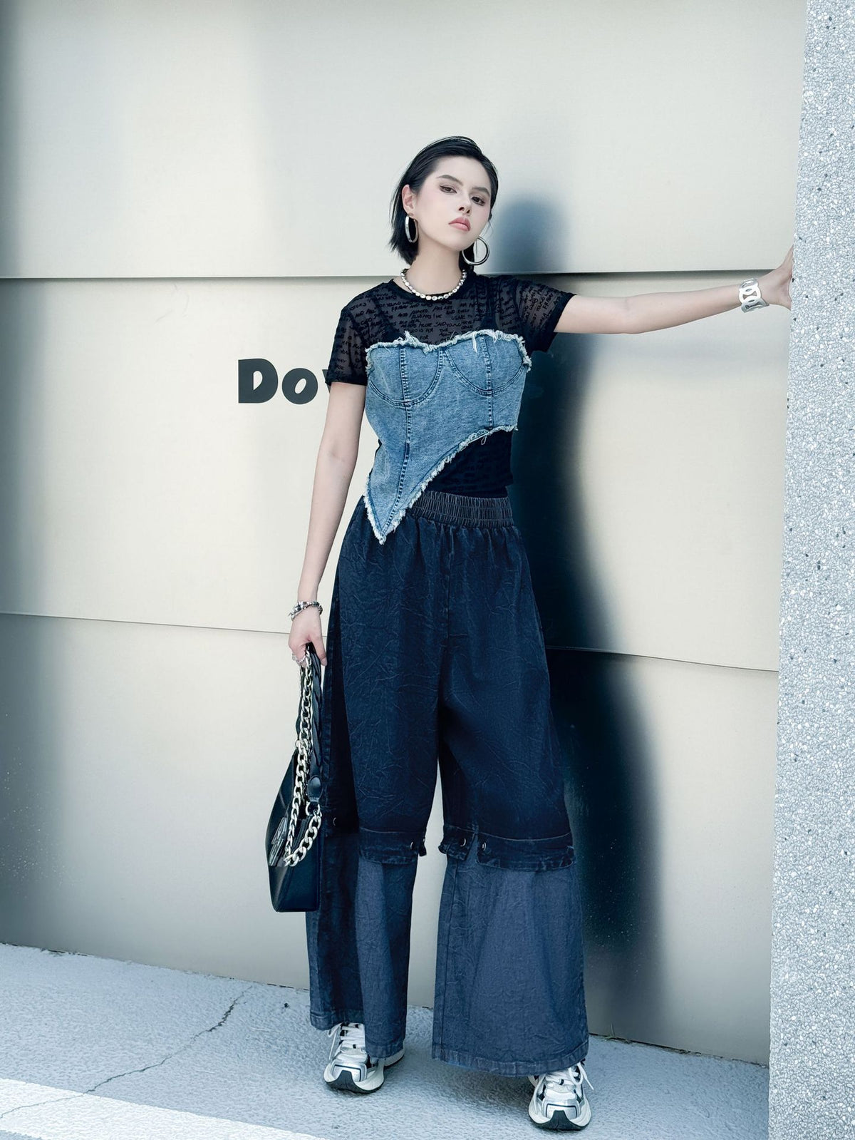 Scarf tie blouse and denim pants series 