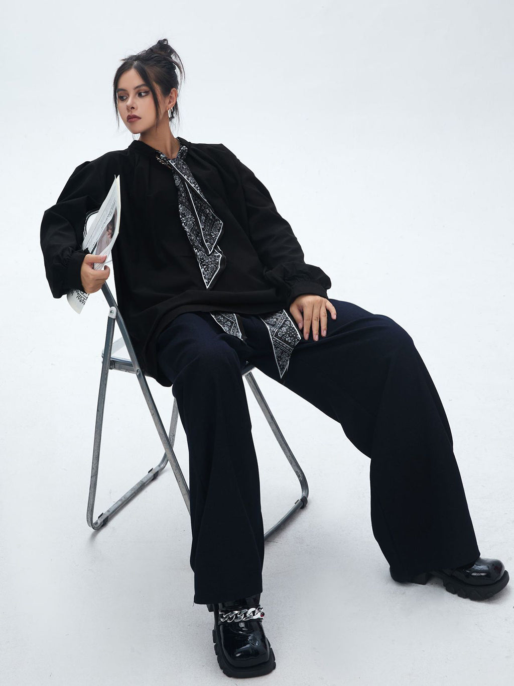 Scarf tie blouse and denim pants series 