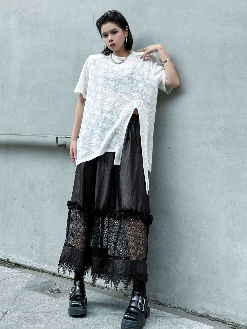 Floral lace side drape top 