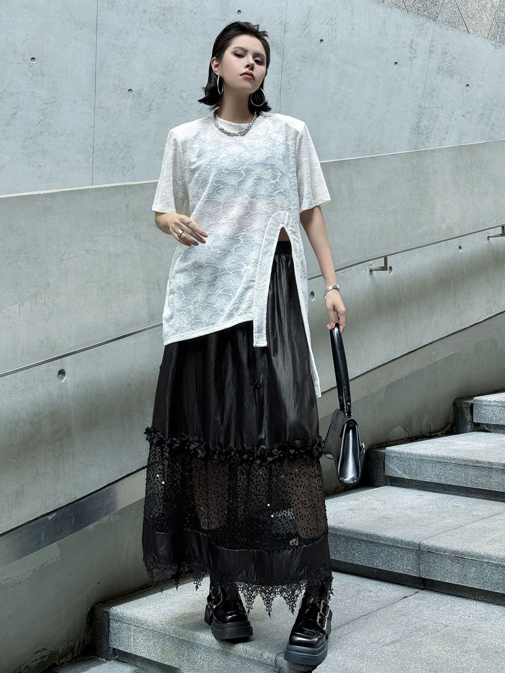 Floral lace side drape top 