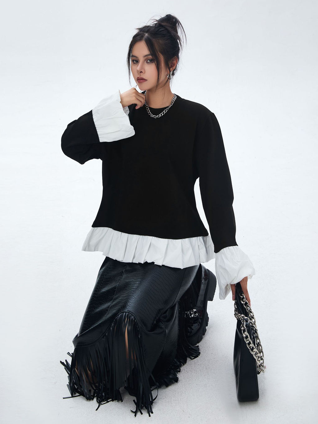 Frilled hem and cuff two-tone top 