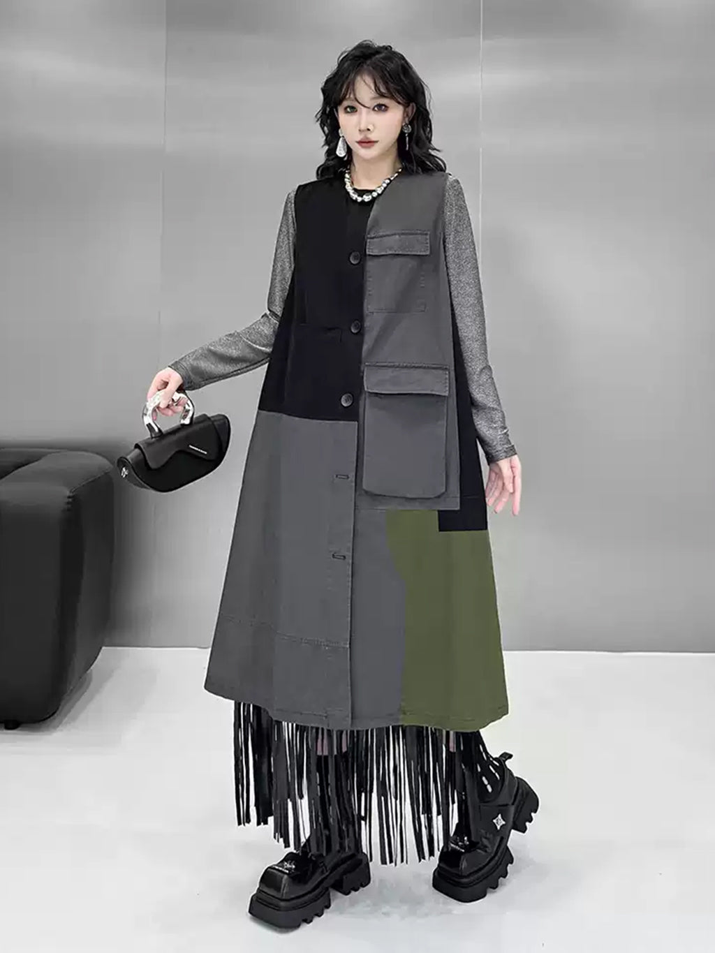 パッチワークロングジレドレス