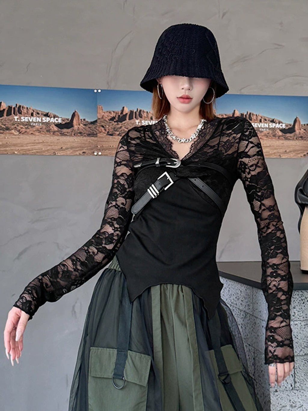 Belt Drape Lace Top 