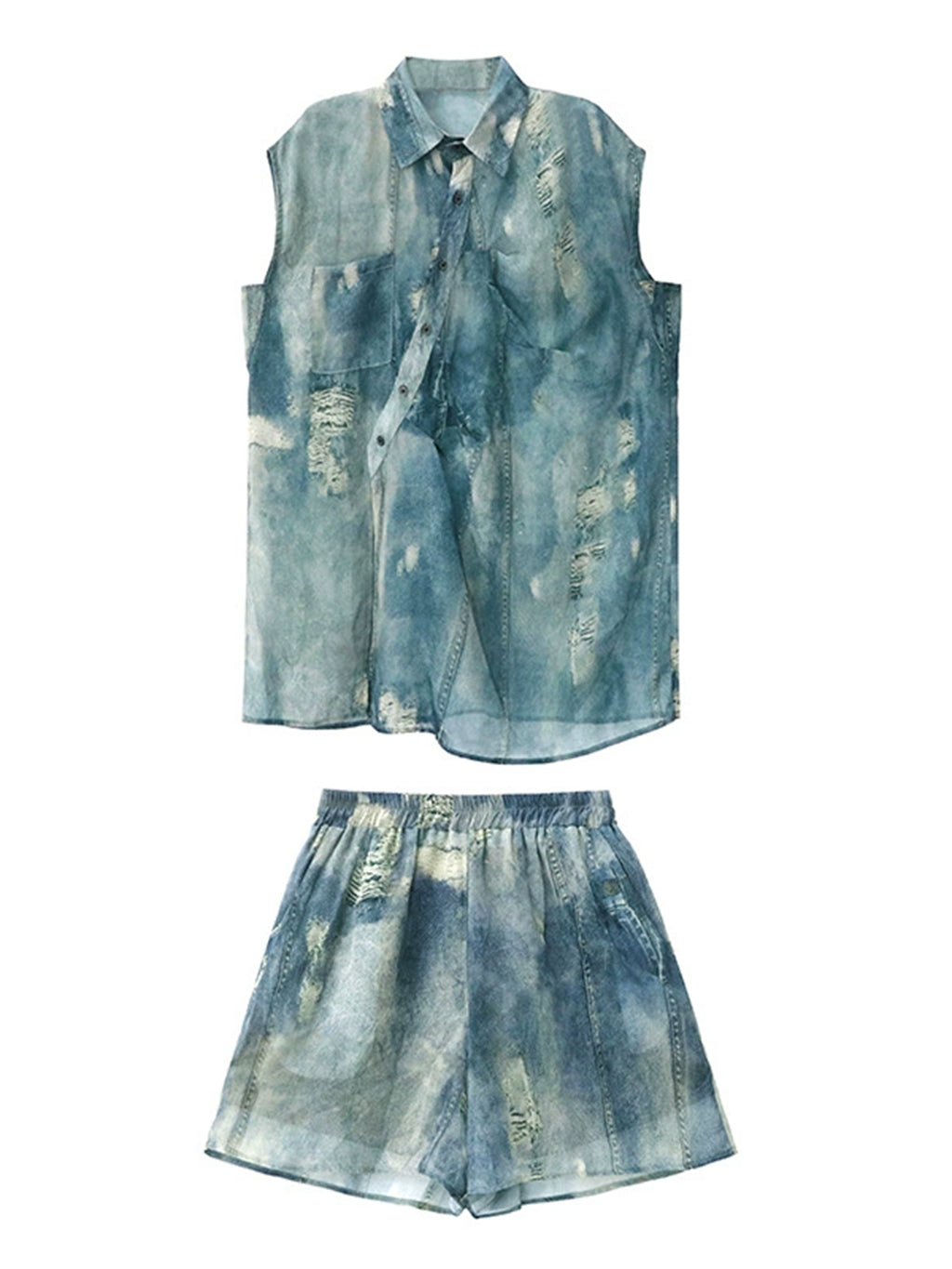 Sheer denim print blouse and shorts 